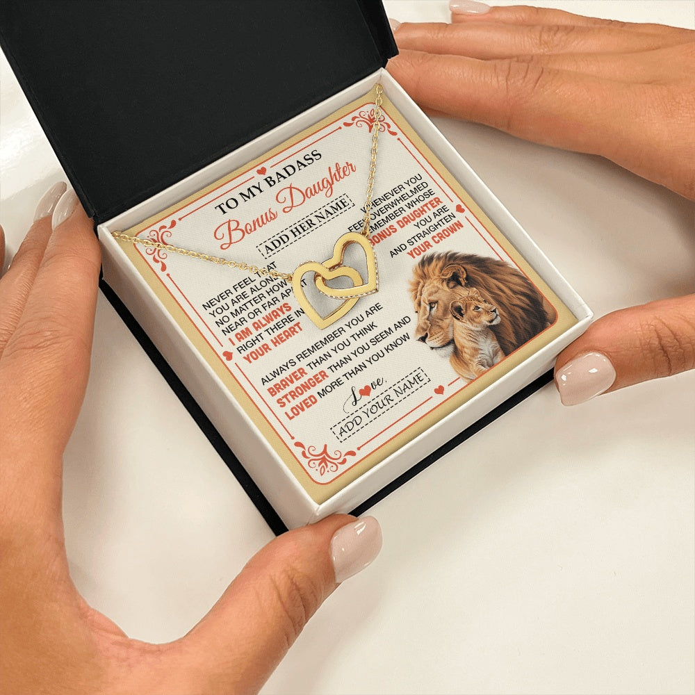 Interlocking Hearts Necklace 18K Yellow Gold Finish | 2 | Personalized To My Badass Bonus Daughter Gifts From Stepmom Necklace Lion Jewelry Gifts Present Ideas For Stepdaughter Birthday Christmas Gift Box Message Card | https://teecentury.