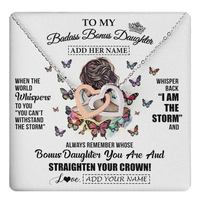 Interlocking Hearts Necklace Stainless Steel & Rose Gold Finish | 1 | Personalized To My Badass Bonus Daughter I Am The Storm Necklace From Stepdad Stepmom Beautiful Step Daughter Birthday Gifts Christmas Gift Box Message Card | https://teecentury.