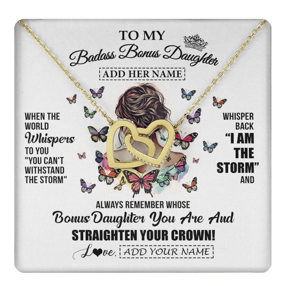 Interlocking Hearts Necklace 18K Yellow Gold Finish | 1 | Personalized To My Badass Bonus Daughter I Am The Storm Necklace From Stepdad Stepmom Beautiful Step Daughter Birthday Gifts Christmas Gift Box Message Card | https://teecentury.