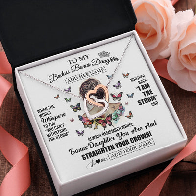 Interlocking Hearts Necklace Stainless Steel & Rose Gold Finish | 2 | Personalized To My Badass Bonus Daughter I Am The Storm Necklace From Stepdad Stepmom Beautiful Step Daughter Birthday Gifts Christmas Gift Box Message Card | https://teecentury.
