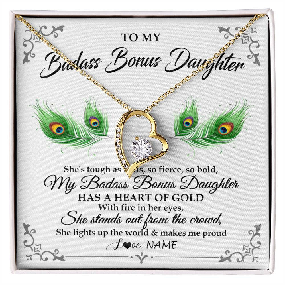 Forever Love Necklace 18K Yellow Gold Finish | 1 | Personalized To My Badass Bonus Daughter Necklace From Bonus Mom Love You Always Bonus Daughter Birthday Graduation Christmas Customized Gift Box Message Card | teecentury