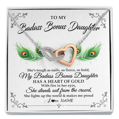 Interlocking Hearts Necklace Stainless Steel & Rose Gold Finish | 1 | Personalized To My Badass Bonus Daughter Necklace From Bonus Mom Love You Always Bonus Daughter Birthday Graduation Christmas Customized Gift Box Message Card | teecentury