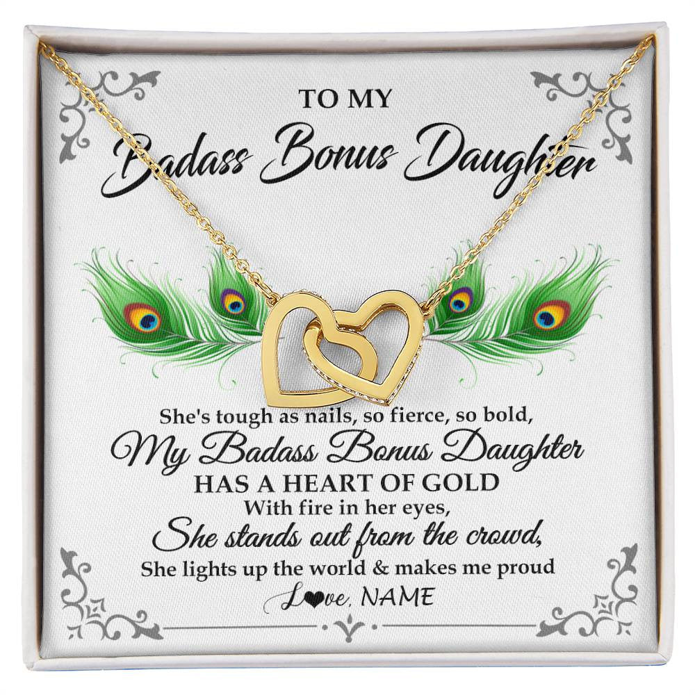 Interlocking Hearts Necklace 18K Yellow Gold Finish | 1 | Personalized To My Badass Bonus Daughter Necklace From Bonus Mom Love You Always Bonus Daughter Birthday Graduation Christmas Customized Gift Box Message Card | teecentury