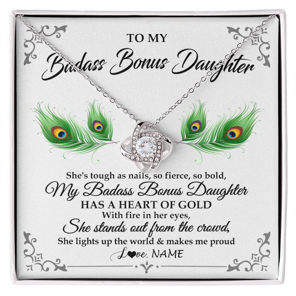 Love Knot Necklace 14K White Gold Finish | 1 | Personalized To My Badass Bonus Daughter Necklace From Bonus Mom Love You Always Bonus Daughter Birthday Graduation Christmas Customized Gift Box Message Card | teecentury