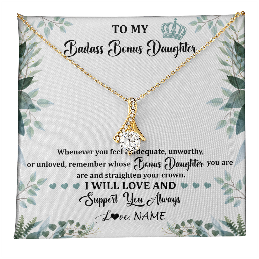 Alluring Beauty Necklace 18K Yellow Gold Finish | 1 | Personalized To My Badass Bonus Daughter Necklace From Stepdad Mom Straighten Your Crown Stepddaughter Birthday Christmas Customized Gift Box Message Card | teecentury