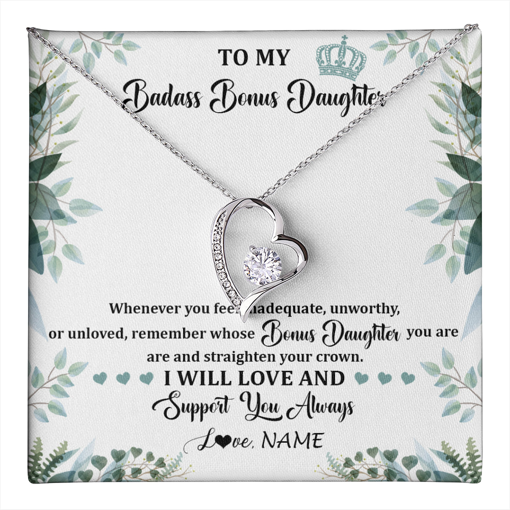 Forever Love Necklace 14K White Gold Finish | 1 | Personalized To My Badass Bonus Daughter Necklace From Stepdad Mom Straighten Your Crown Stepddaughter Birthday Christmas Customized Gift Box Message Card | teecentury