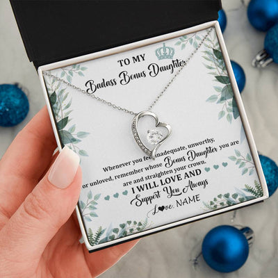 Forever Love Necklace 14K White Gold Finish | 2 | Personalized To My Badass Bonus Daughter Necklace From Stepdad Mom Straighten Your Crown Stepddaughter Birthday Christmas Customized Gift Box Message Card | teecentury