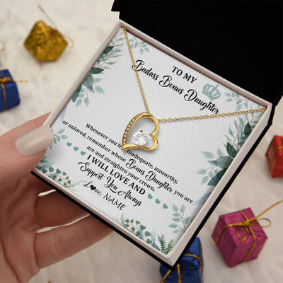 Forever Love Necklace 18K Yellow Gold Finish | 2 | Personalized To My Badass Bonus Daughter Necklace From Stepdad Mom Straighten Your Crown Stepddaughter Birthday Christmas Customized Gift Box Message Card | teecentury