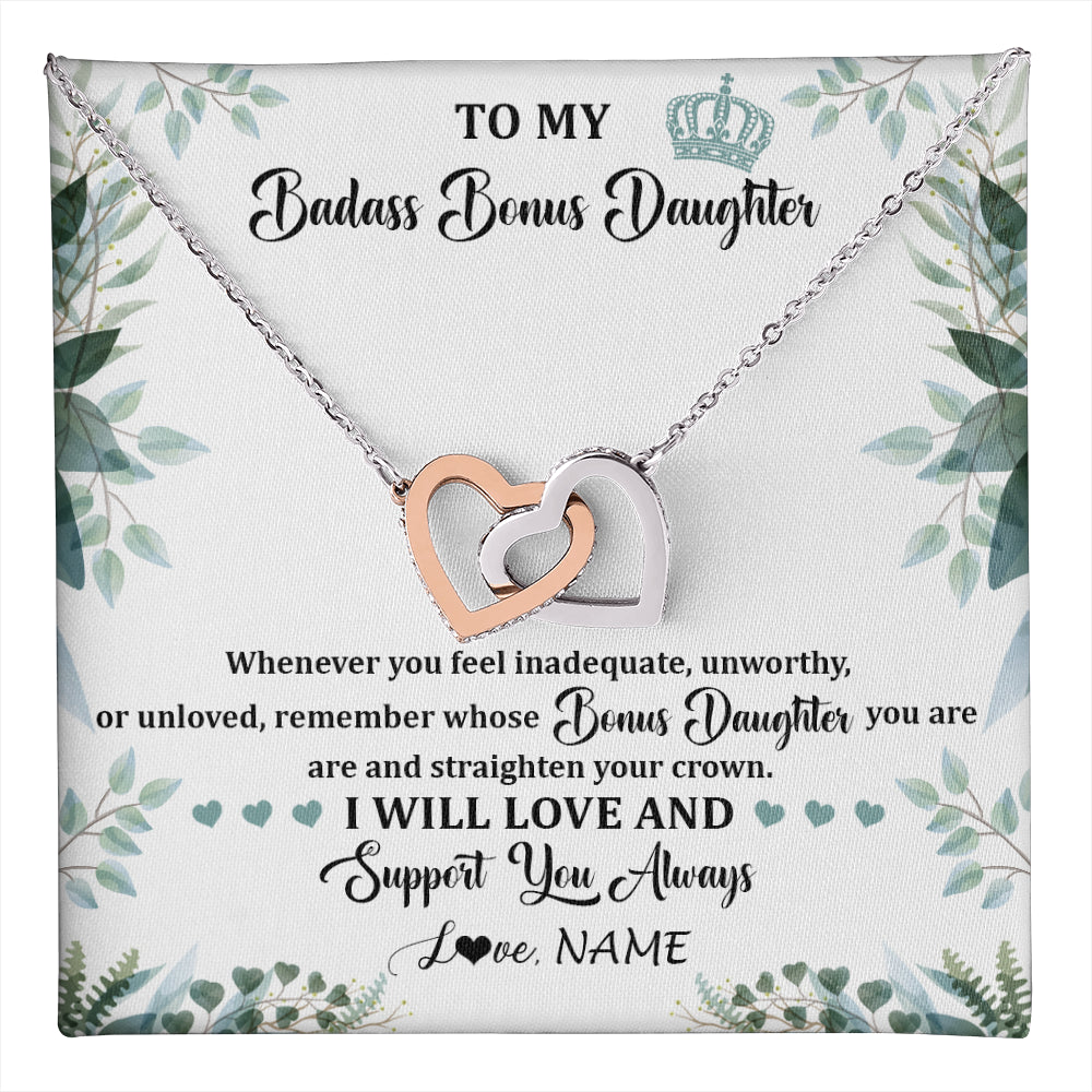 Interlocking Hearts Necklace Stainless Steel & Rose Gold Finish | 1 | Personalized To My Badass Bonus Daughter Necklace From Stepdad Mom Straighten Your Crown Stepddaughter Birthday Christmas Customized Gift Box Message Card | teecentury