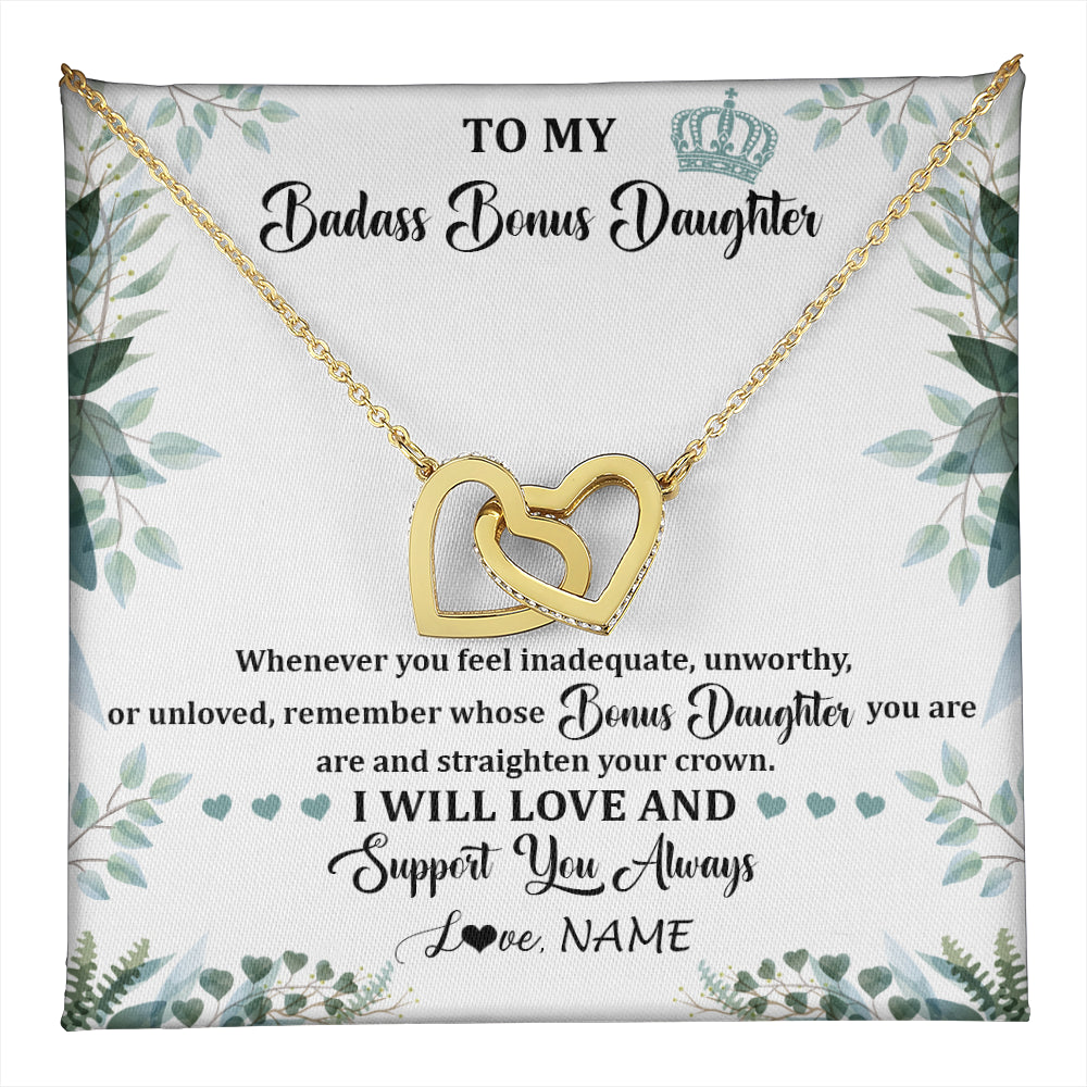 Interlocking Hearts Necklace 18K Yellow Gold Finish | 1 | Personalized To My Badass Bonus Daughter Necklace From Stepdad Mom Straighten Your Crown Stepddaughter Birthday Christmas Customized Gift Box Message Card | teecentury