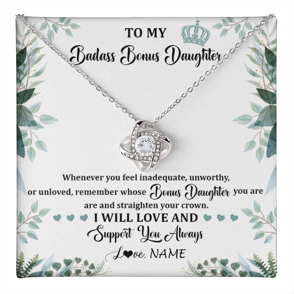Love Knot Necklace 14K White Gold Finish | 1 | Personalized To My Badass Bonus Daughter Necklace From Stepdad Mom Straighten Your Crown Stepddaughter Birthday Christmas Customized Gift Box Message Card | teecentury