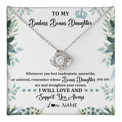 Love Knot Necklace 14K White Gold Finish | 1 | Personalized To My Badass Bonus Daughter Necklace From Stepdad Mom Straighten Your Crown Stepddaughter Birthday Christmas Customized Gift Box Message Card | teecentury