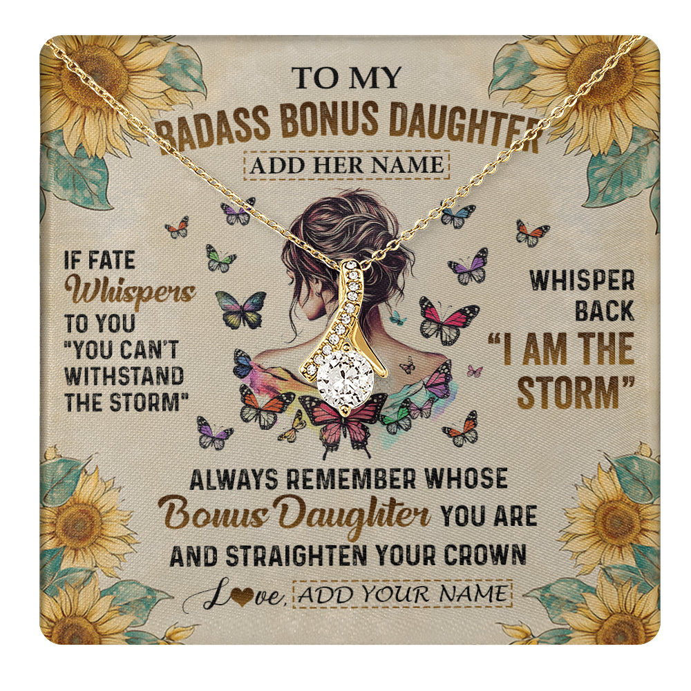 Alluring Beauty Necklace 18K Yellow Gold Finish | 1 | Personalized To My Badass Bonus Daughter Necklace From Stepdad Stepmom I Am The Storm Stepdaughter Gifts Birthday Christmas Customized Gift Box Message Card | teecentury