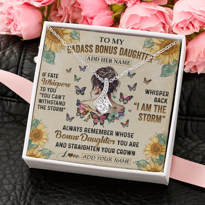 Alluring Beauty Necklace 14K White Gold Finish | 2 | Personalized To My Badass Bonus Daughter Necklace From Stepdad Stepmom I Am The Storm Stepdaughter Gifts Birthday Christmas Customized Gift Box Message Card | teecentury