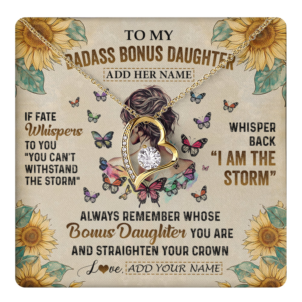 Forever Love Necklace 18K Yellow Gold Finish | 1 | Personalized To My Badass Bonus Daughter Necklace From Stepdad Stepmom I Am The Storm Stepdaughter Gifts Birthday Christmas Customized Gift Box Message Card | teecentury