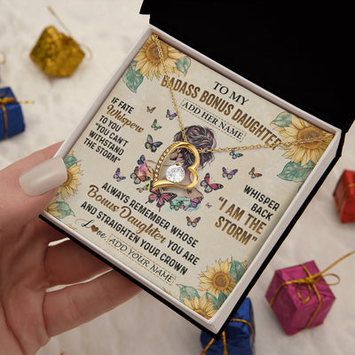 Forever Love Necklace 18K Yellow Gold Finish | 2 | Personalized To My Badass Bonus Daughter Necklace From Stepdad Stepmom I Am The Storm Stepdaughter Gifts Birthday Christmas Customized Gift Box Message Card | teecentury