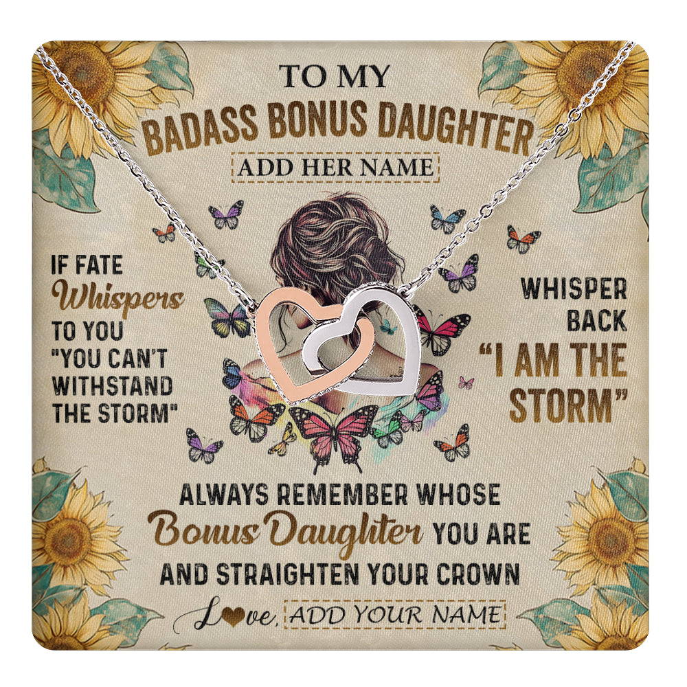 Interlocking Hearts Necklace Stainless Steel & Rose Gold Finish | 1 | Personalized To My Badass Bonus Daughter Necklace From Stepdad Stepmom I Am The Storm Stepdaughter Gifts Birthday Christmas Customized Gift Box Message Card | teecentury