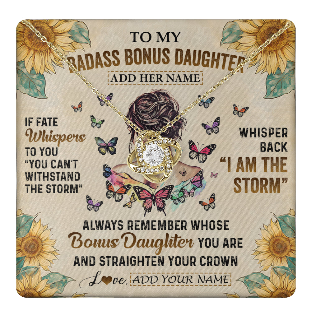 Love Knot Necklace 18K Yellow Gold Finish | 1 | Personalized To My Badass Bonus Daughter Necklace From Stepdad Stepmom I Am The Storm Stepdaughter Gifts Birthday Christmas Customized Gift Box Message Card | teecentury