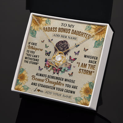 Love Knot Necklace 18K Yellow Gold Finish | 2 | Personalized To My Badass Bonus Daughter Necklace From Stepdad Stepmom I Am The Storm Stepdaughter Gifts Birthday Christmas Customized Gift Box Message Card | teecentury