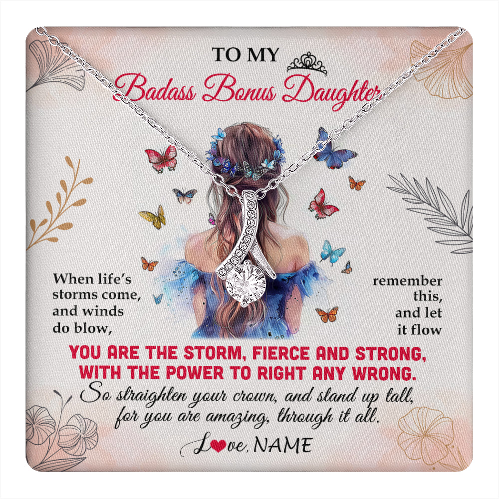 Alluring Beauty Necklace 14K White Gold Finish | 1 | Personalized To My Badass Bonus Daughter Necklace From Stepmom Bonus Dad Floral Butterfly Stepdaughter Birthday Christmas Customized Gift Box Message Card | teecentury