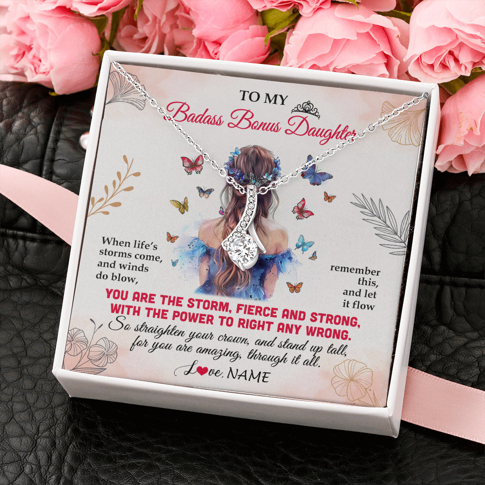Alluring Beauty Necklace 14K White Gold Finish | 2 | Personalized To My Badass Bonus Daughter Necklace From Stepmom Bonus Dad Floral Butterfly Stepdaughter Birthday Christmas Customized Gift Box Message Card | teecentury