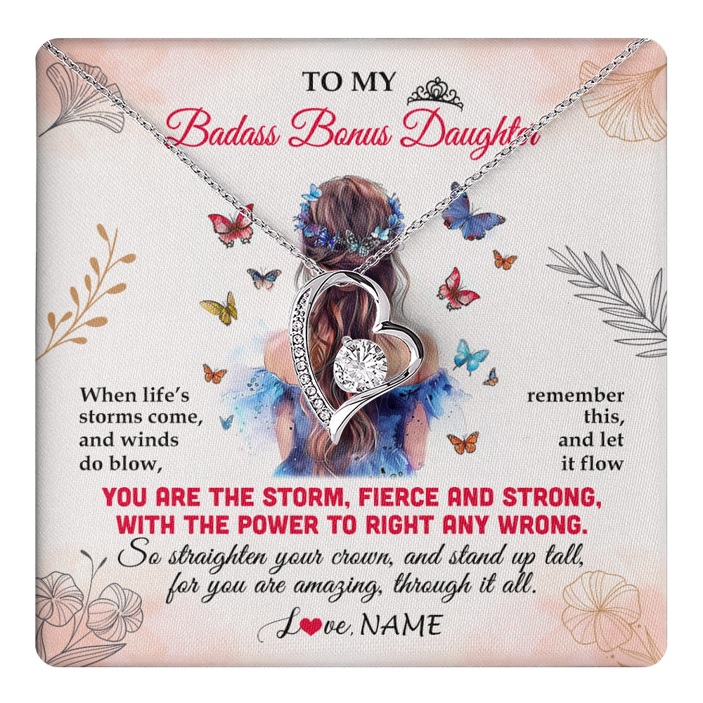 Forever Love Necklace 14K White Gold Finish | 1 | Personalized To My Badass Bonus Daughter Necklace From Stepmom Bonus Dad Floral Butterfly Stepdaughter Birthday Christmas Customized Gift Box Message Card | teecentury