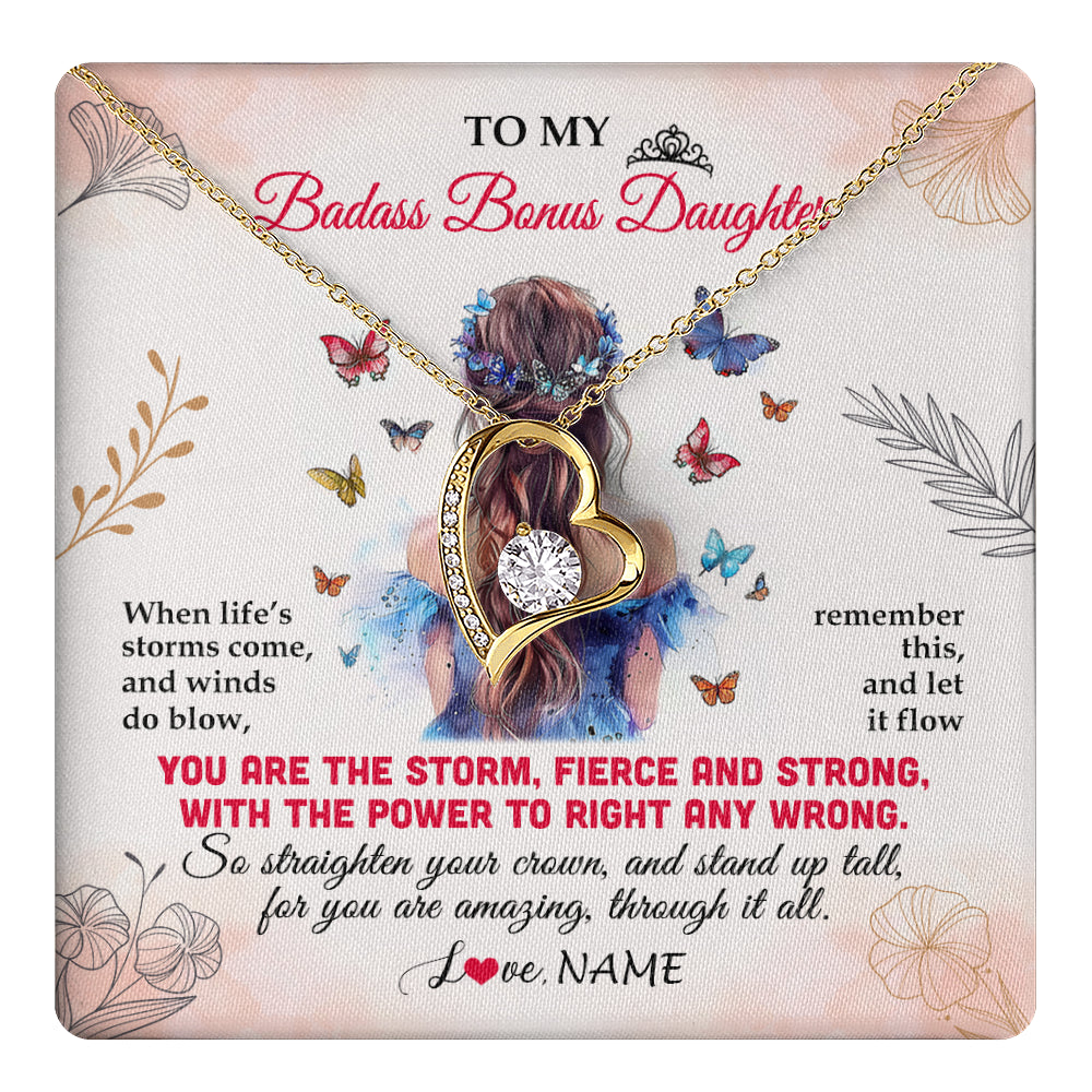 Forever Love Necklace 18K Yellow Gold Finish | 1 | Personalized To My Badass Bonus Daughter Necklace From Stepmom Bonus Dad Floral Butterfly Stepdaughter Birthday Christmas Customized Gift Box Message Card | teecentury