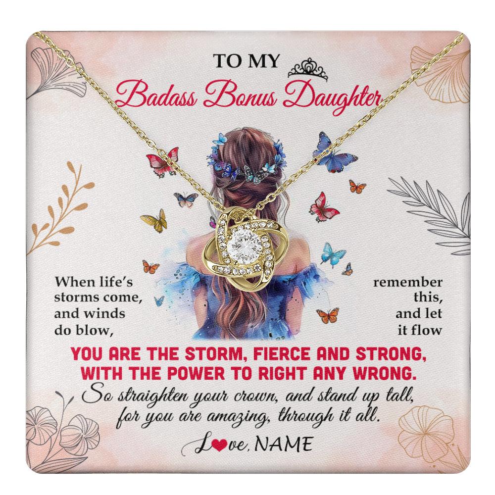 Love Knot Necklace 18K Yellow Gold Finish | 1 | Personalized To My Badass Bonus Daughter Necklace From Stepmom Bonus Dad Floral Butterfly Stepdaughter Birthday Christmas Customized Gift Box Message Card | teecentury