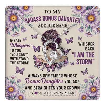 Forever Love Necklace 14K White Gold Finish | 1 | Personalized To My Badass Bonus Daughter Necklace From Stepmom Purple Butterfly I Am The Storm Stepdaughter Gifts Birthday Christmas Gift Box Message Card | https://teecentury.