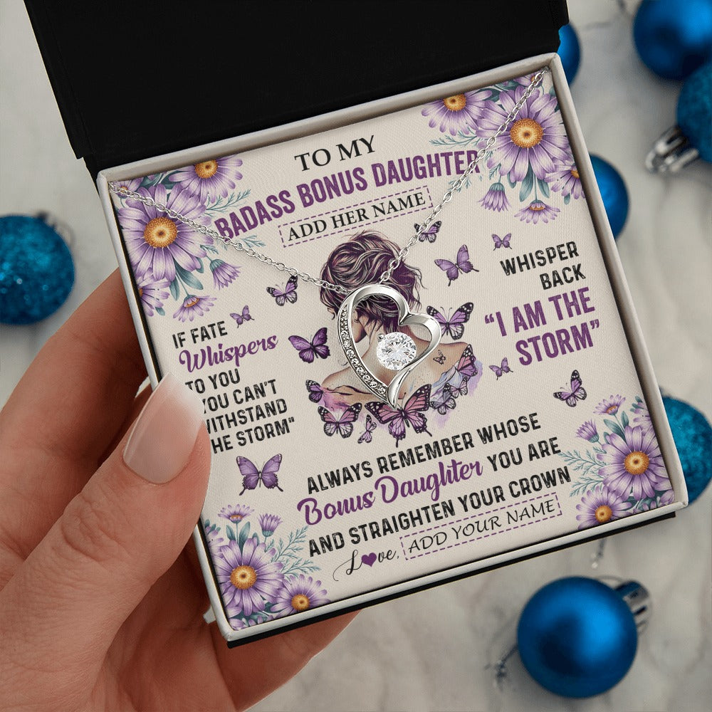 Forever Love Necklace 14K White Gold Finish | 2 | Personalized To My Badass Bonus Daughter Necklace From Stepmom Purple Butterfly I Am The Storm Stepdaughter Gifts Birthday Christmas Gift Box Message Card | https://teecentury.