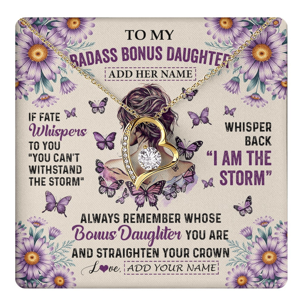 Forever Love Necklace 18K Yellow Gold Finish | 1 | Personalized To My Badass Bonus Daughter Necklace From Stepmom Purple Butterfly I Am The Storm Stepdaughter Gifts Birthday Christmas Gift Box Message Card | https://teecentury.