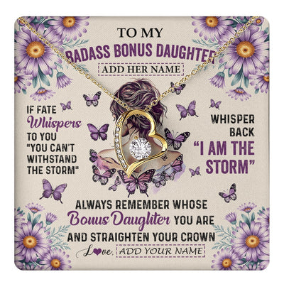 Forever Love Necklace 18K Yellow Gold Finish | 1 | Personalized To My Badass Bonus Daughter Necklace From Stepmom Purple Butterfly I Am The Storm Stepdaughter Gifts Birthday Christmas Gift Box Message Card | https://teecentury.