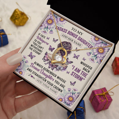Forever Love Necklace 18K Yellow Gold Finish | 2 | Personalized To My Badass Bonus Daughter Necklace From Stepmom Purple Butterfly I Am The Storm Stepdaughter Gifts Birthday Christmas Gift Box Message Card | https://teecentury.