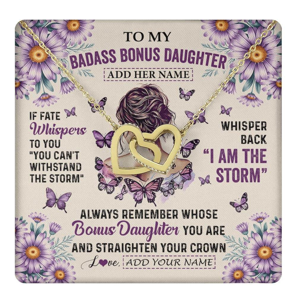 Interlocking Hearts Necklace 18K Yellow Gold Finish | 1 | Personalized To My Badass Bonus Daughter Necklace From Stepmom Purple Butterfly I Am The Storm Stepdaughter Gifts Birthday Christmas Gift Box Message Card | https://teecentury.