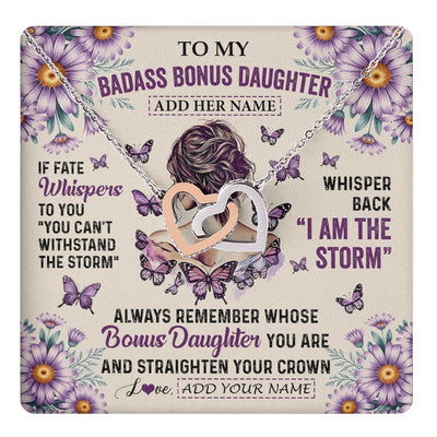 Interlocking Hearts Necklace Stainless Steel & Rose Gold Finish | 1 | Personalized To My Badass Bonus Daughter Necklace From Stepmom Purple Butterfly I Am The Storm Stepdaughter Gifts Birthday Christmas Gift Box Message Card | https://teecentury.