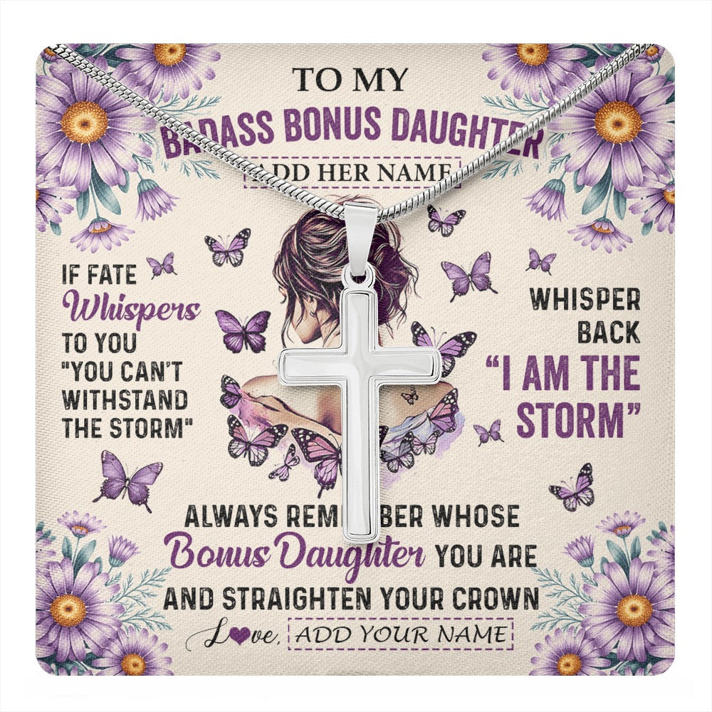 Stainless Cross Necklace Stainless Steel | 1 | Personalized To My Badass Bonus Daughter Necklace From Stepmom Purple Butterfly I Am The Storm Stepdaughter Gifts Birthday Christmas Gift Box Message Card Shirt & Hoodie | https://teecentury.