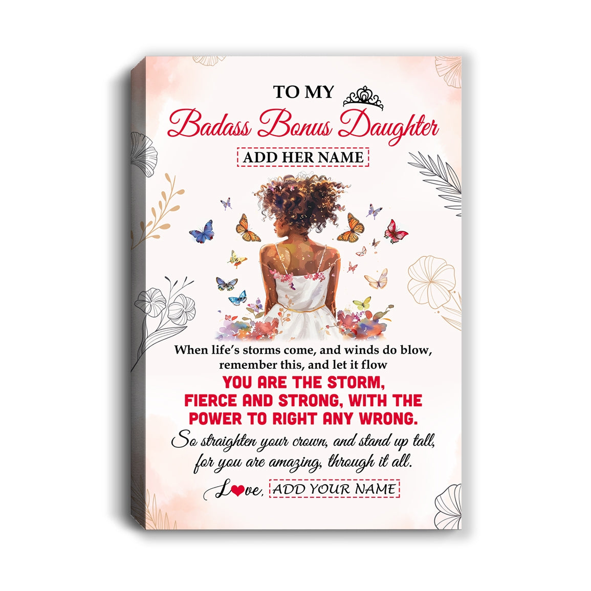 Personalized To My Badass Bonus Daughter Tumbler From Bonus Dad Floral Butterfly African Afro Girl Stepdaughter Birthday Gifts Christmas Custom Wall Art Framed Canvas | teecentury