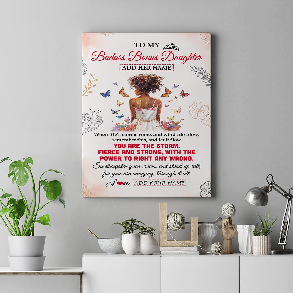 Personalized To My Badass Bonus Daughter Tumbler From Bonus Dad Floral Butterfly African Afro Girl Stepdaughter Birthday Gifts Christmas Custom Wall Art Framed Canvas | teecentury