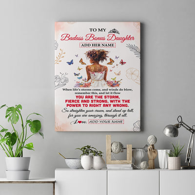 Personalized To My Badass Bonus Daughter Tumbler From Bonus Dad Floral Butterfly African Afro Girl Stepdaughter Birthday Gifts Christmas Custom Wall Art Framed Canvas | teecentury