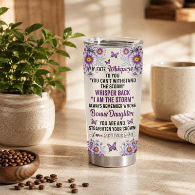 Personalized To My Badass Bonus Daughter Tumbler From Stepdad Stepmom Purple Butterfly I Am The Storm Stepdaughter Gifts Birthday Christmas Custom Stainless Steel Mug | teecentury