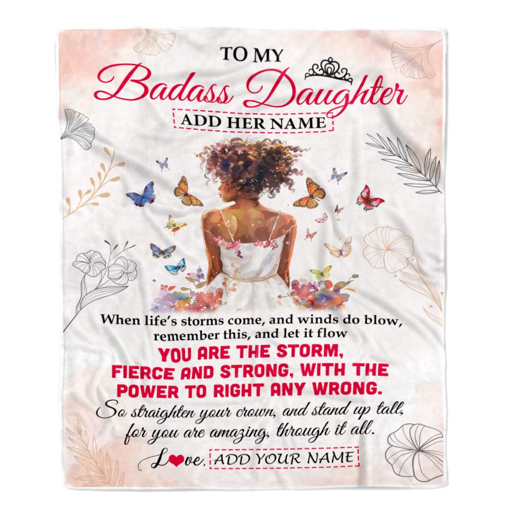 Personalized To My Badass Daughter Blanket From Dad Father Mom Floral Butterfly African Afro Girl Daughter Birthday Gifts Graduation Christmas Fleece Blanket | teecentury
