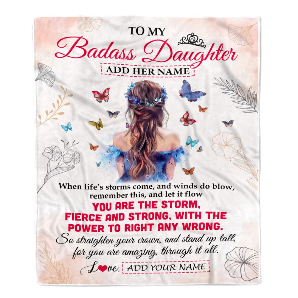 Personalized To My Badass Daughter Blanlet From Mom Dad Mother Floral Butterfly Daughter Birthday Gifts Graduation Christmas Customized Fleece Throw Blanket | teecentury