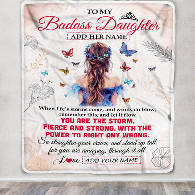 Personalized To My Badass Daughter Blanlet From Mom Dad Mother Floral Butterfly Daughter Birthday Gifts Graduation Christmas Customized Fleece Throw Blanket | teecentury