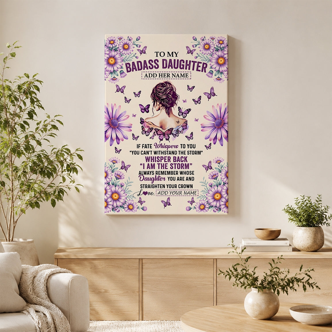 Personalized To My Badass Daughter Canvas From Dad Mom Purple Butterfly I Am The Storm Daughter Gifts Birthday Graduation Christmas Custom Wall Art Framed Canvas | teecentury