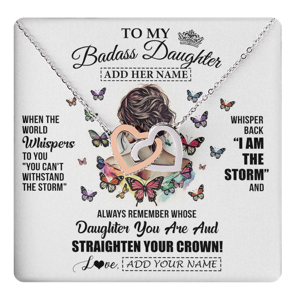 Interlocking Hearts Necklace Stainless Steel & Rose Gold Finish | 1 | Personalized To My Badass Daughter I Am The Storm Necklace From Dad Mom Father Beautiful Daughter Birthday Gifts Graduation Christmas Gift Box Message Card | https://teecentury.