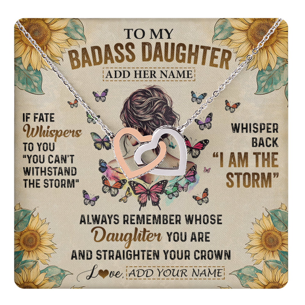 Interlocking Hearts Necklace Stainless Steel & Rose Gold Finish | 1 | Personalized To My Badass Daughter Necklace From Dad Mom Father I Am The Storm Daughter Gifts Birthday Graduation Christmas Customized Gift Box Message Card | teecentury