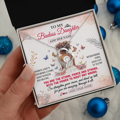 Forever Love Necklace 14K White Gold Finish | 2 | Personalized To My Badass Daughter Necklace From Dad Mom Floral Butterfly African Afro Daughter Birthday Gifts Graduation Christmas Gift Box Message Card | https://teecentury.
