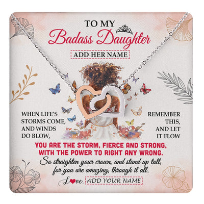 Interlocking Hearts Necklace Stainless Steel & Rose Gold Finish | 1 | Personalized To My Badass Daughter Necklace From Dad Mom Floral Butterfly African Afro Daughter Birthday Gifts Graduation Christmas Gift Box Message Card | https://teecentury.