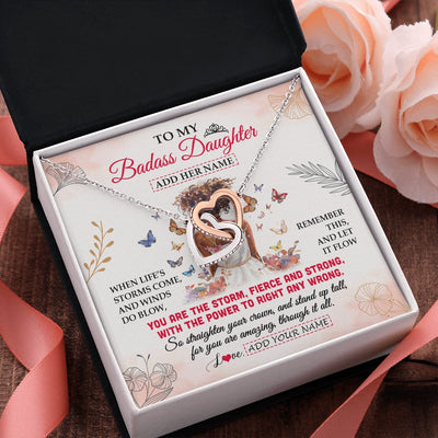 Interlocking Hearts Necklace Stainless Steel & Rose Gold Finish | 2 | Personalized To My Badass Daughter Necklace From Dad Mom Floral Butterfly African Afro Daughter Birthday Gifts Graduation Christmas Gift Box Message Card | https://teecentury.