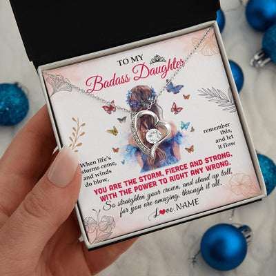 Forever Love Necklace 14K White Gold Finish | 2 | Personalized To My Badass Daughter Necklace From Mom Dad Mother Floral Butterfly Daughter Birthday Gifts Graduation Christmas Customized Gift Box Message Card | teecentury